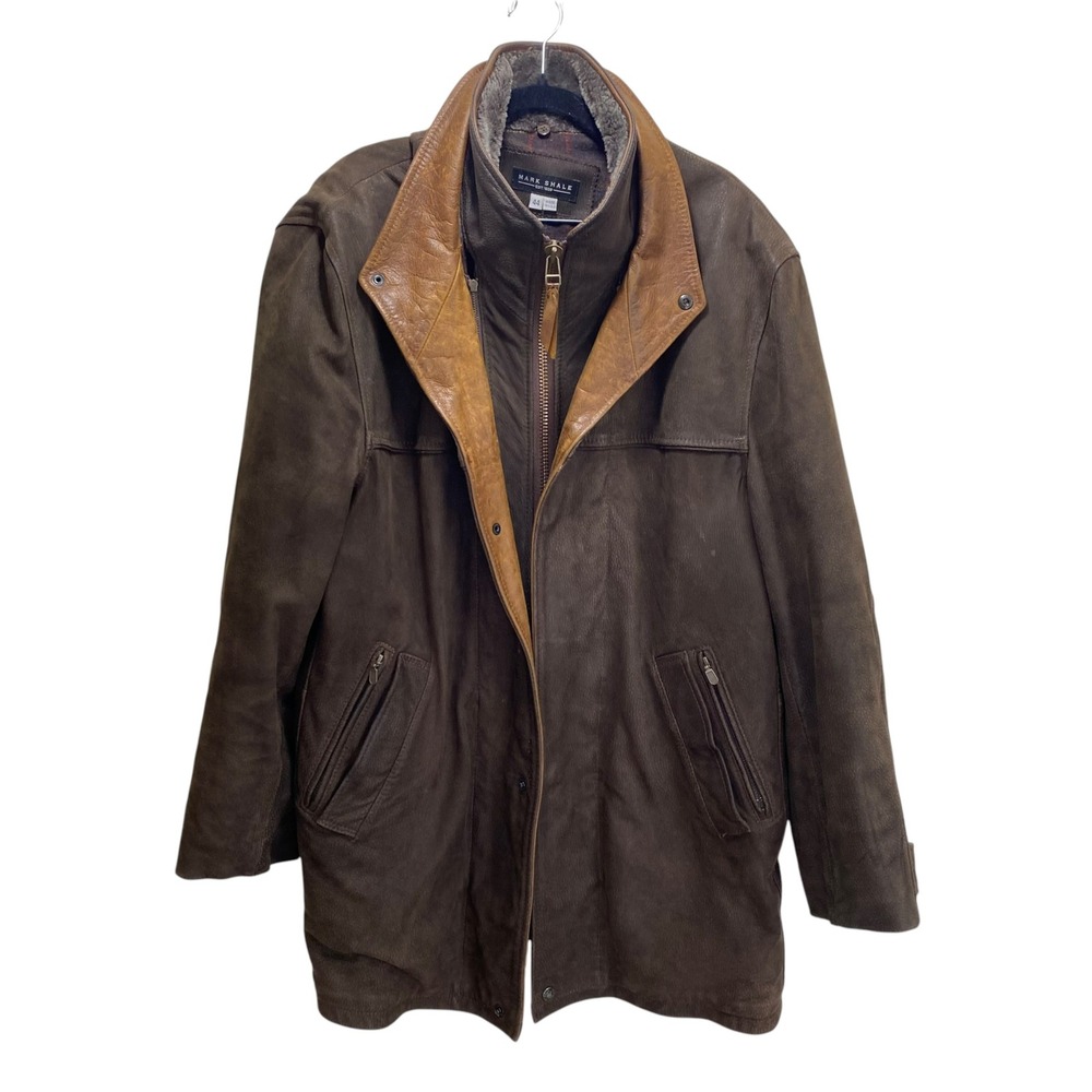 Mark Shale Mens 44 Distressed Brown Leather Car Coat Jacket Made In USA Plaid